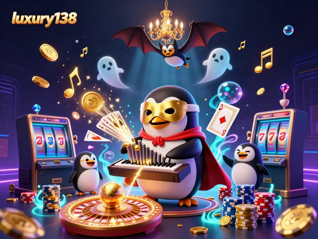 Experience luxury138 with a vibrant casino scene featuring whimsical characters, golden coins, and rich details.