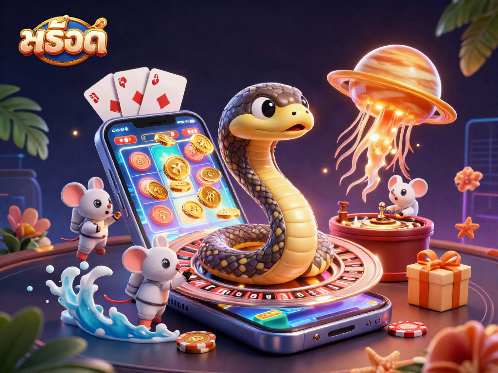 Engage with สล็อต as the Saturn ring snake spins a roulette wheel while astronaut mice bet on colorful slot games.