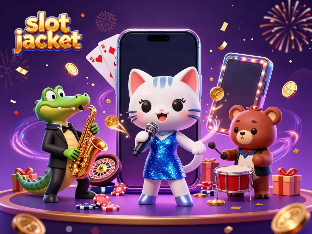 Jazz-singer cat and friends celebrate big wins in a vibrant, dynamic slot jackpot scene.