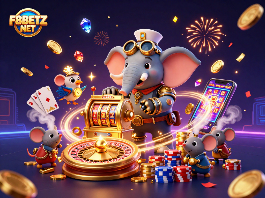 Spin and win on F8BETZ NET's thrilling games with a vibrant steampunk casino scene.