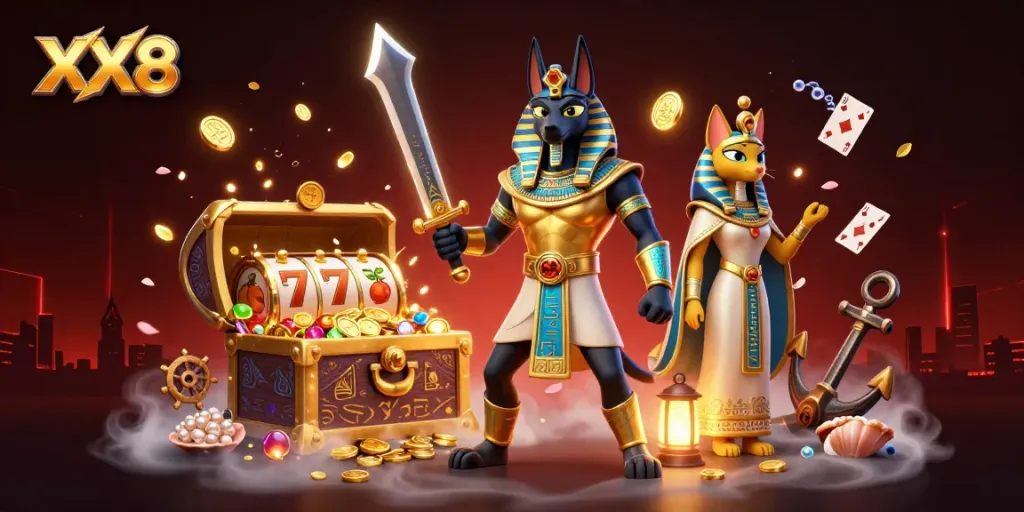 Experience the excitement of XX8 with Anubis and Bastet in a vibrant slot game adventure.