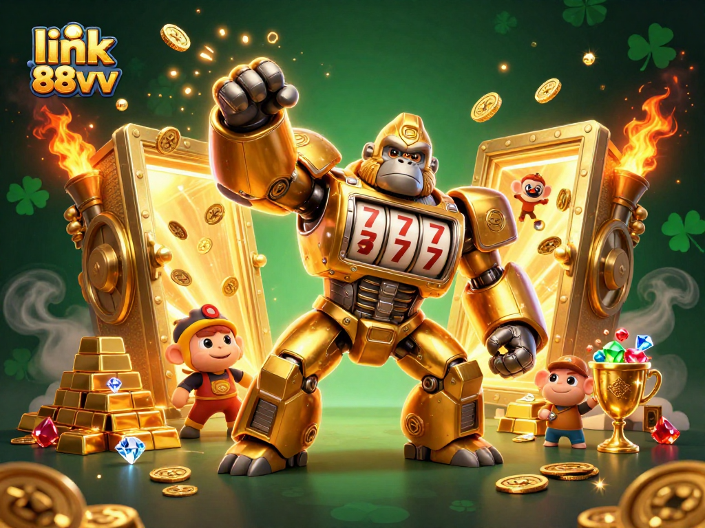 Experience thrills with link 88vv in a dynamic 3D casino scene featuring a golden gorilla mech.