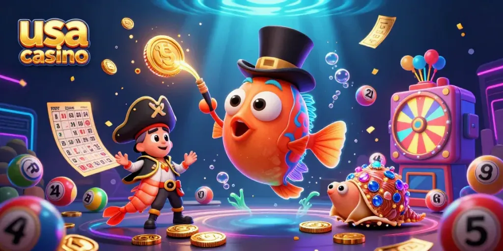 Experience the excitement of usa casino gaming with vibrant characters and dynamic elements in a colorful underwater scene.