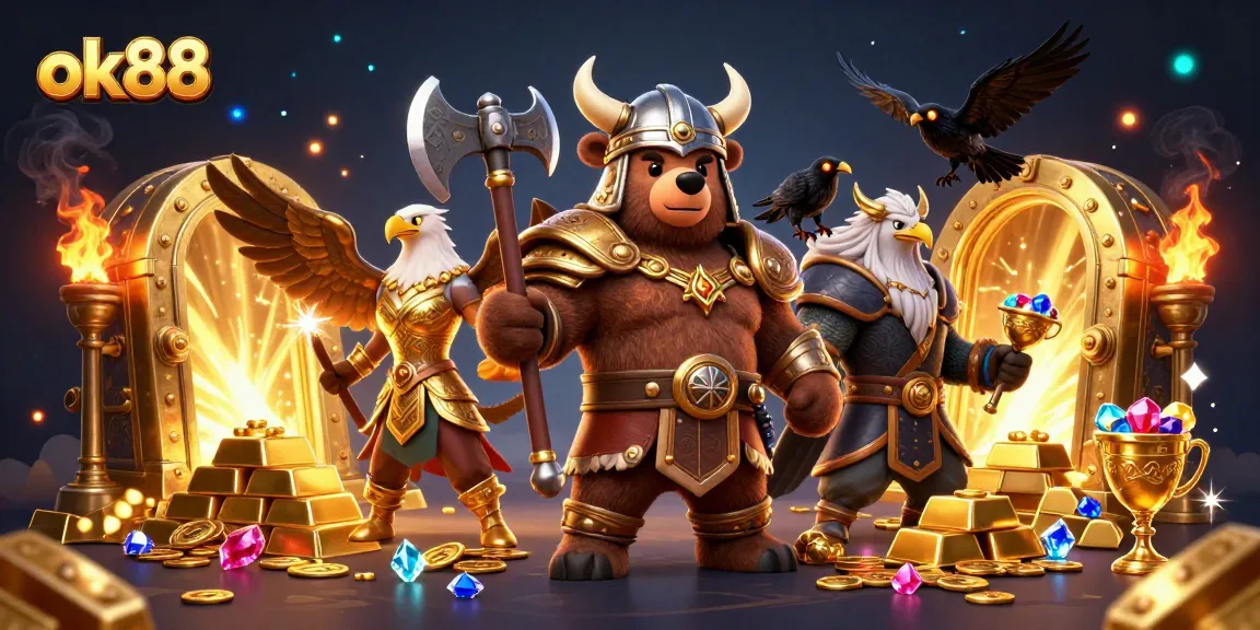 Experience the thrill of ok88 gaming with a dynamic casino scene featuring treasure and mythical characters.