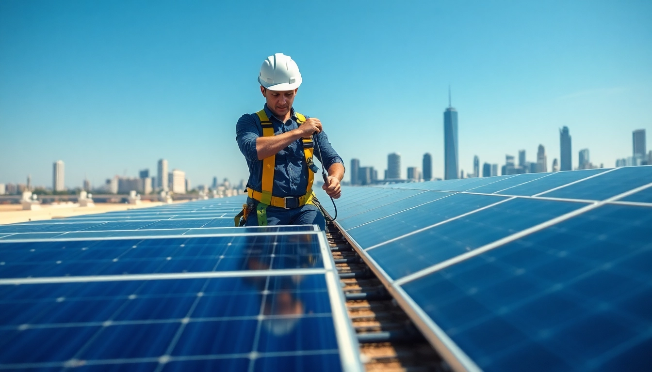 Highlighting emergency solar panel repair by a technician on a rooftop with city skyline.