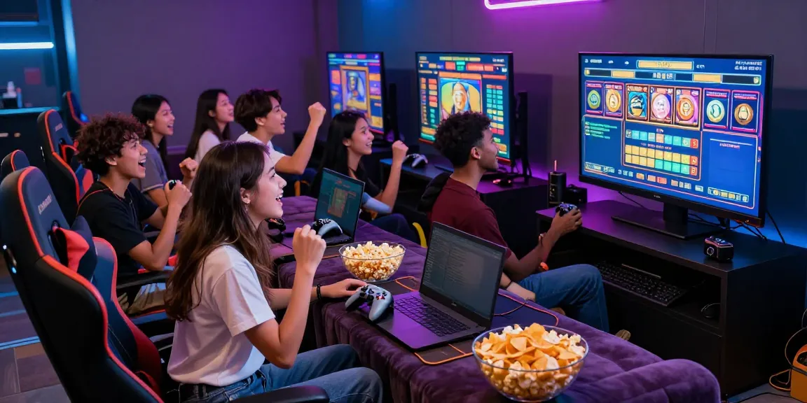 Group of friends enjoying slot gacor games in lively lounge