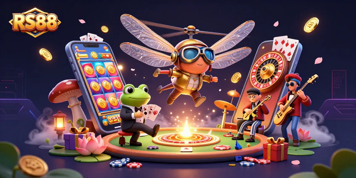 Experience the vibrant energy of RS88 with a dynamic 3D casino scene featuring unique characters and lively game elements.