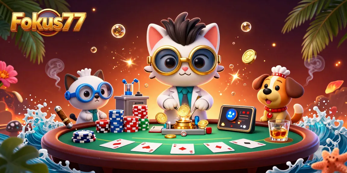 Experience thrilling gambling action at Fokus777 with a cartoon cat scientist and poker elements.