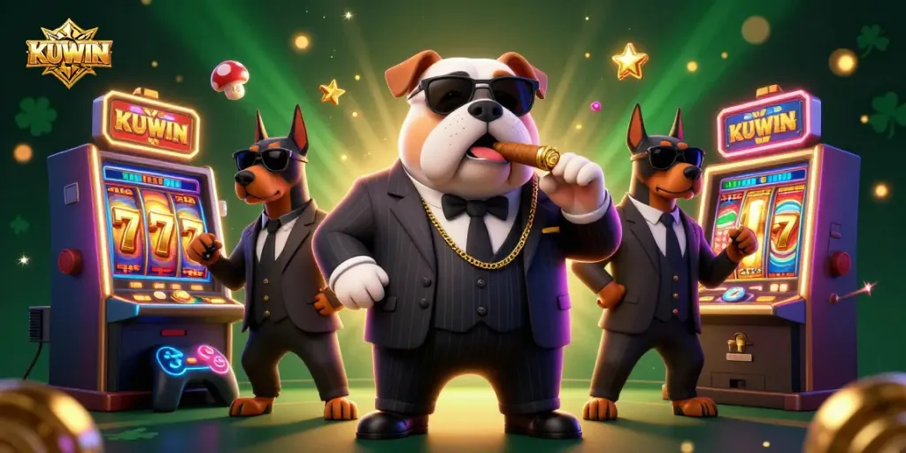 Kuwin's mafia boss bulldog in a casino scene, surrounded by jackpot slots and vibrant gaming elements