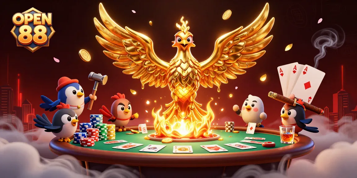 Experience the excitement of OPEN 88 with a vibrant casino scene featuring a golden phoenix.