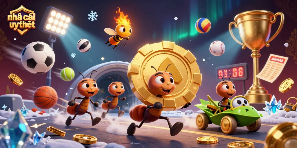 Engage with nhà cái uy tín through a thrilling heist scene featuring ants, sports elements, and vibrant visuals.