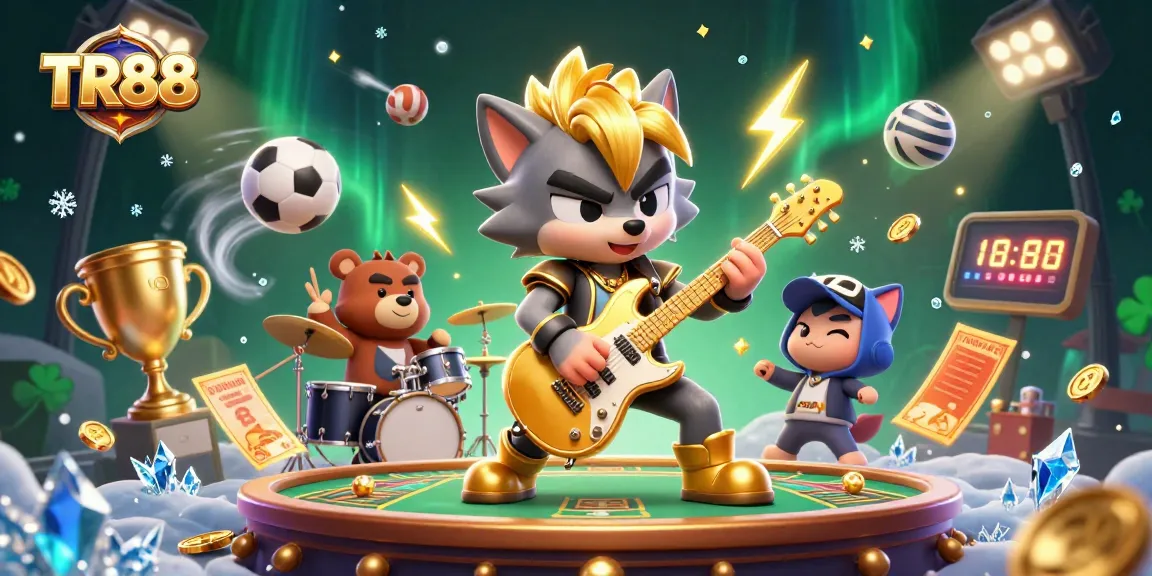 Shredding rock star wolf and drummer bear energize TR88 casino stage with vibrant sports elements.