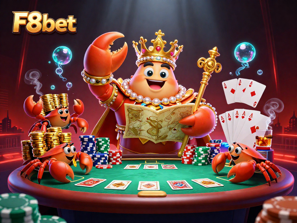 Engage with thrilling poker action at F8bet featuring a golden crab emperor amidst colorful chips and cards.