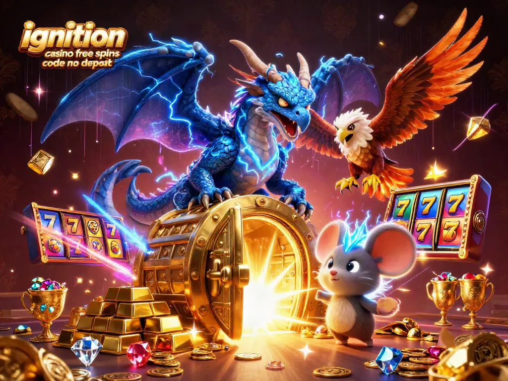 Ignition casino free spins code no deposit displayed with a magical dragon, dynamic hawk, and treasure vault bursting with riches.