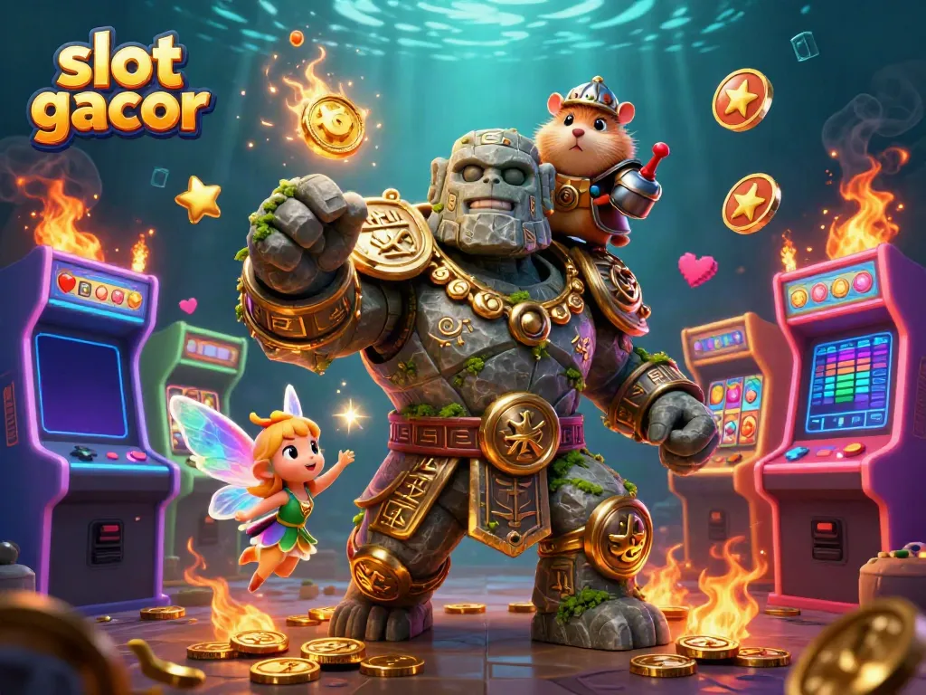Ilustrasi 3D menggambarkan slot gacor dengan penjaga golem berbatu, peri magis, dan ksatria hamster.