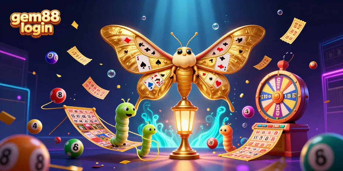 Experience the excitement of gem88 login through a vibrant casino-themed 3D illustration featuring lottery balls and golden tickets.
