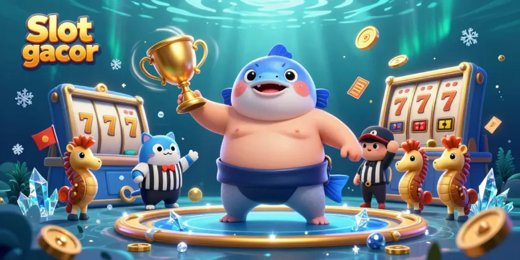Place bets on Slot gacor in this exciting underwater casino scene featuring dynamic game elements and characters.
