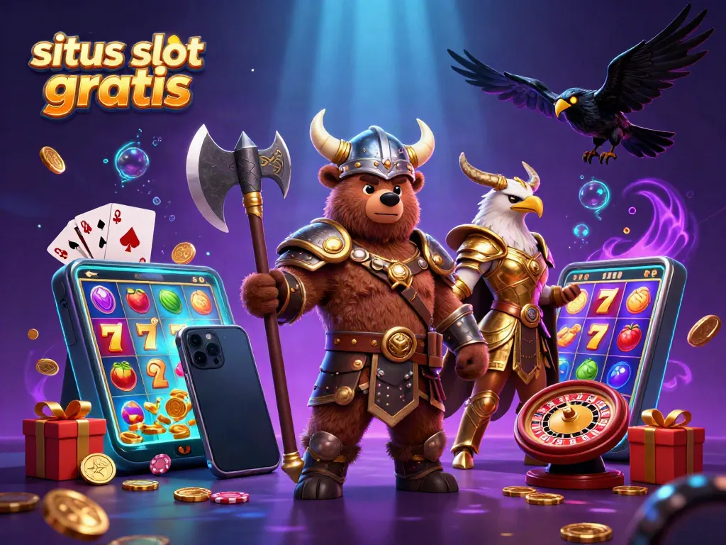 Experience the excitement of situs slot gratis with a vibrant 3D illustration featuring Viking and Valkyrie characters amidst slot game elements.