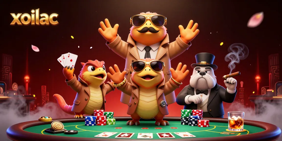 Xoilac raptors sneak into a VIP casino lounge, showcasing vibrant poker elements and lively atmosphere.