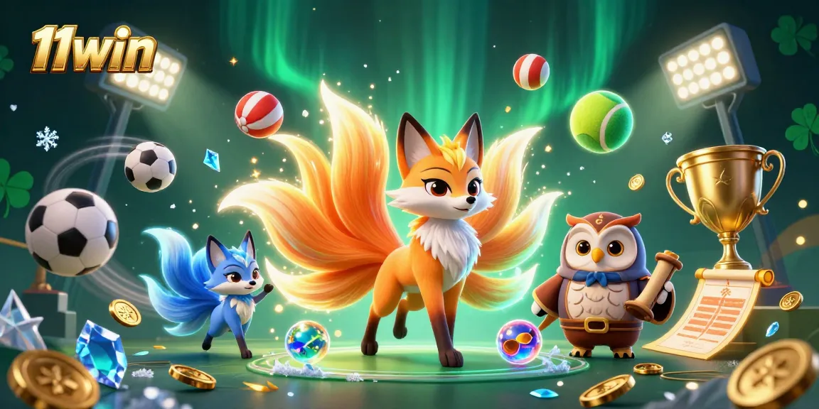 Elevate your gaming experience at 11win with a vibrant 3D illustration showcasing winning elements like sports balls and trophies.