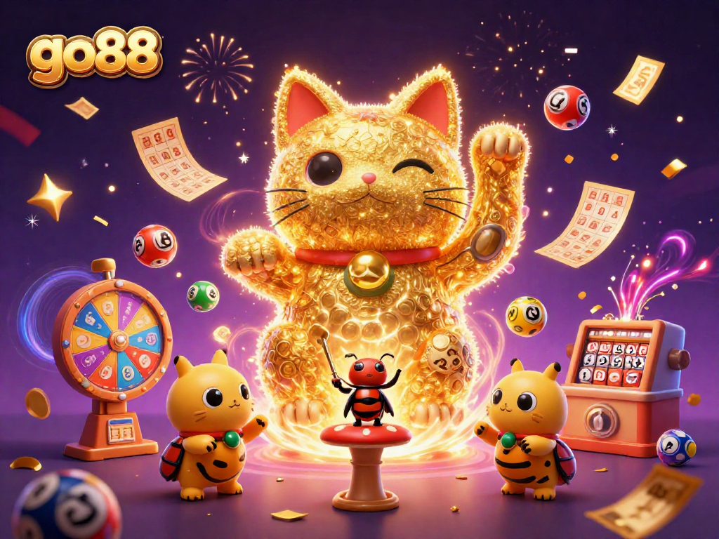 Experience thrilling wins with go88's colorful lottery and casino symbols in a vibrant 3D illustration.