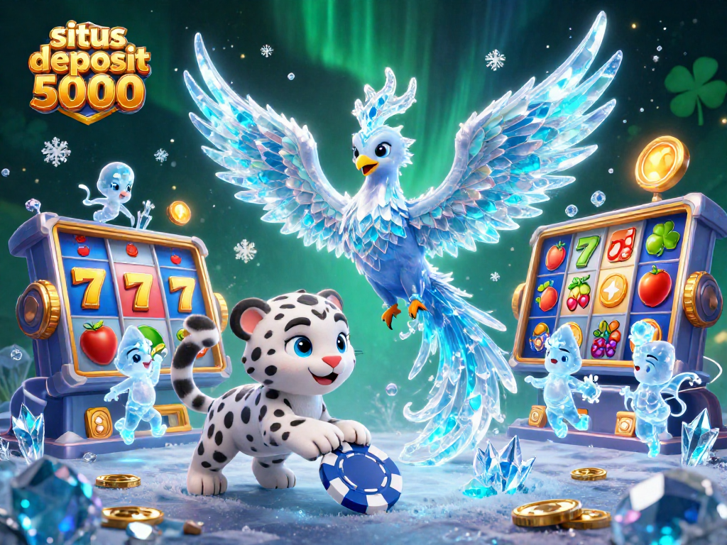 Engage with situs deposit 5000 in this vibrant 3D casino scene filled with slot reels, winning symbols, and playful characters.