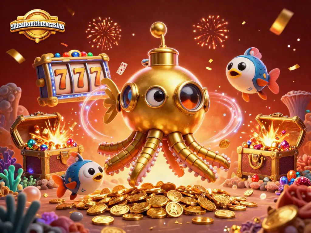 Experience winning at siteslikelavishluckcasino with a golden kraken submarine amidst treasures and slot reels.