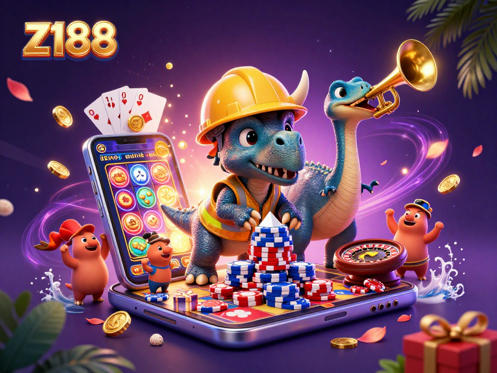 Z188 creates a lively casino atmosphere with a triceratops building poker chips amid colorful slot games.