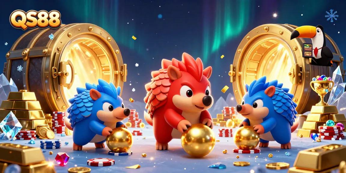 Experience excitement at QS88 with rival pangolins bowling through poker chips in a vibrant casino scene.
