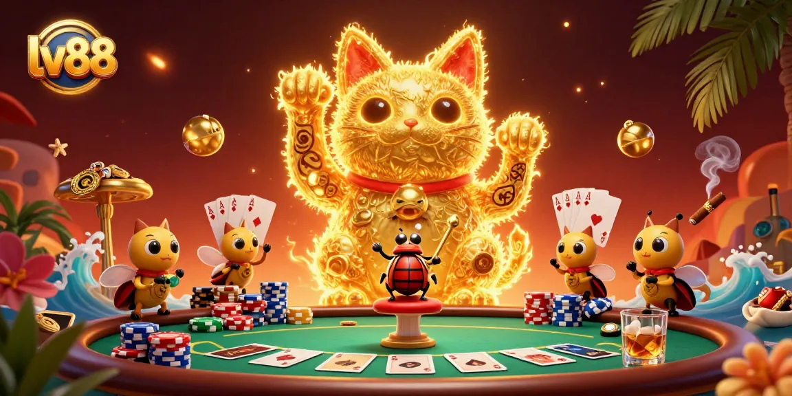 Experience the vibrant energy of lv88 with a stunning scene of a lucky cat formed by golden fireflies in a casino.