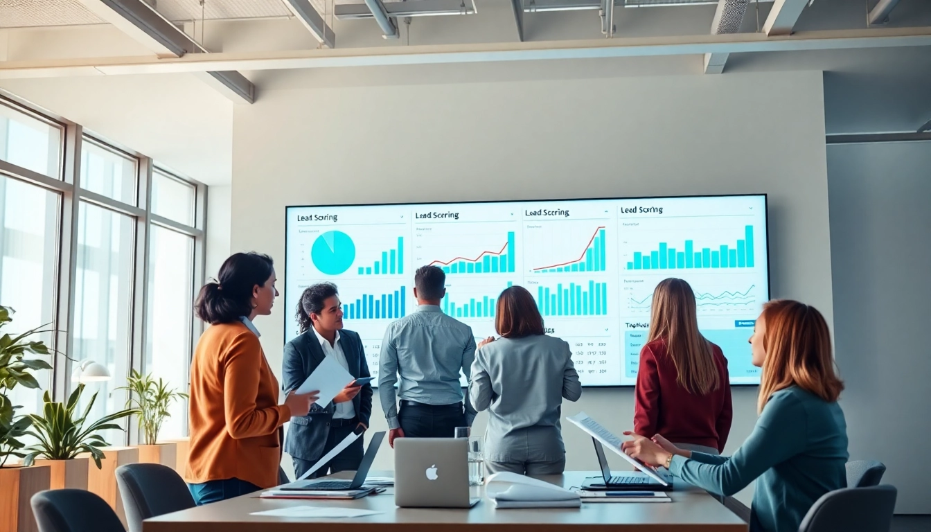 Engaging view of a digital marketing team discussing the behavioral lead scoring website metrics in an office.