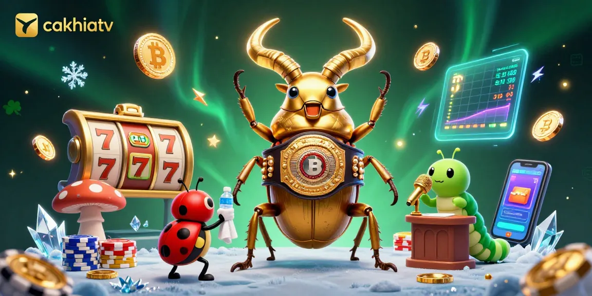 Cakhiatv showcases a 3D beetle boxing in a casino filled with vibrant slot reels and cryptocurrency elements.