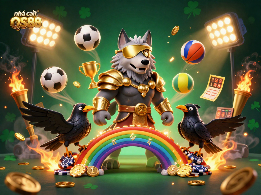 Engaging scene showcasing nhà cái QS88, where a mythical wolf and ravens celebrate casino gaming with dynamic sports elements.