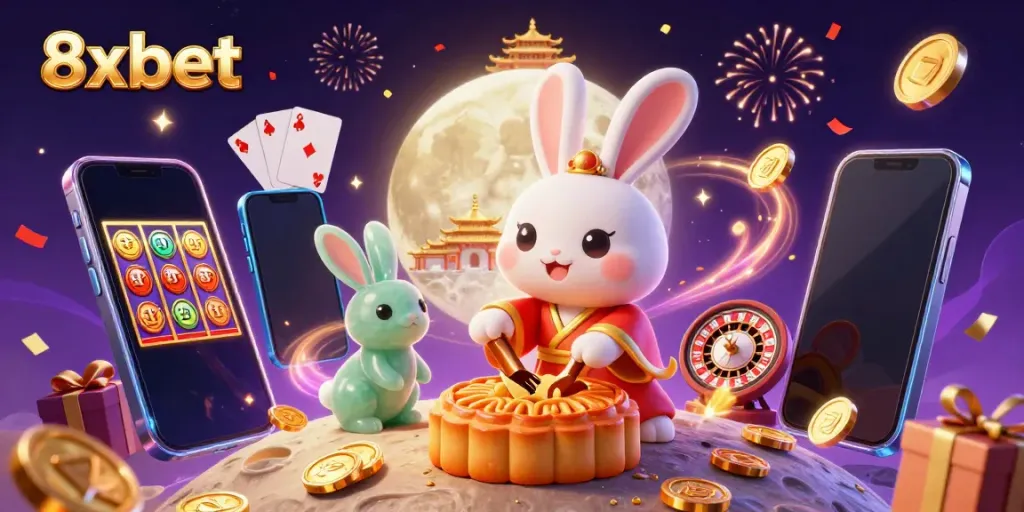 Experience the thrill of gaming with 8xbet featuring a moon rabbit surrounded by exciting gambling elements.