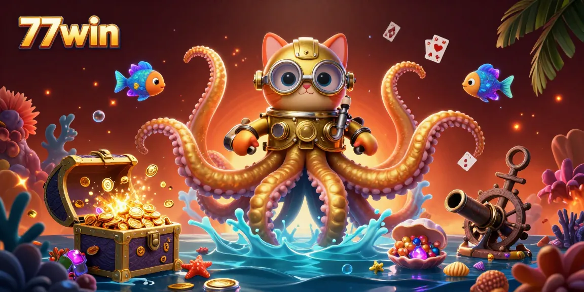 Experience the thrill of 77win as a colossal kraken uncovers treasures in this vibrant casino world.