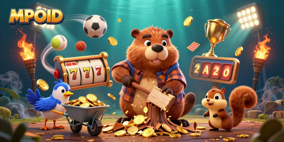 MPOID showcases a lively scene with a lumberjack beaver, golden coins raining down, and slot reels for a thrilling gaming experience.