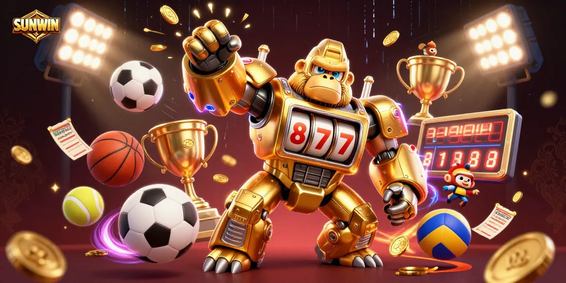 SUNWIN players embrace victory with a dynamic 3D golden gorilla mech and sports elements.