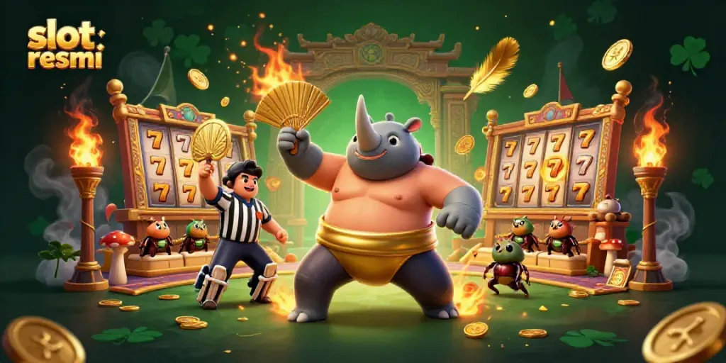 Experience slot resmi gameplay with a vibrant illustration featuring a sumo beetle champion amidst flying coins and lively characters.