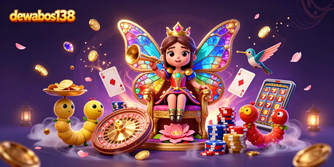 Engage in thrilling gameplay at dewabos138 with a vibrant casino scene featuring a butterfly queen and golden casino elements.