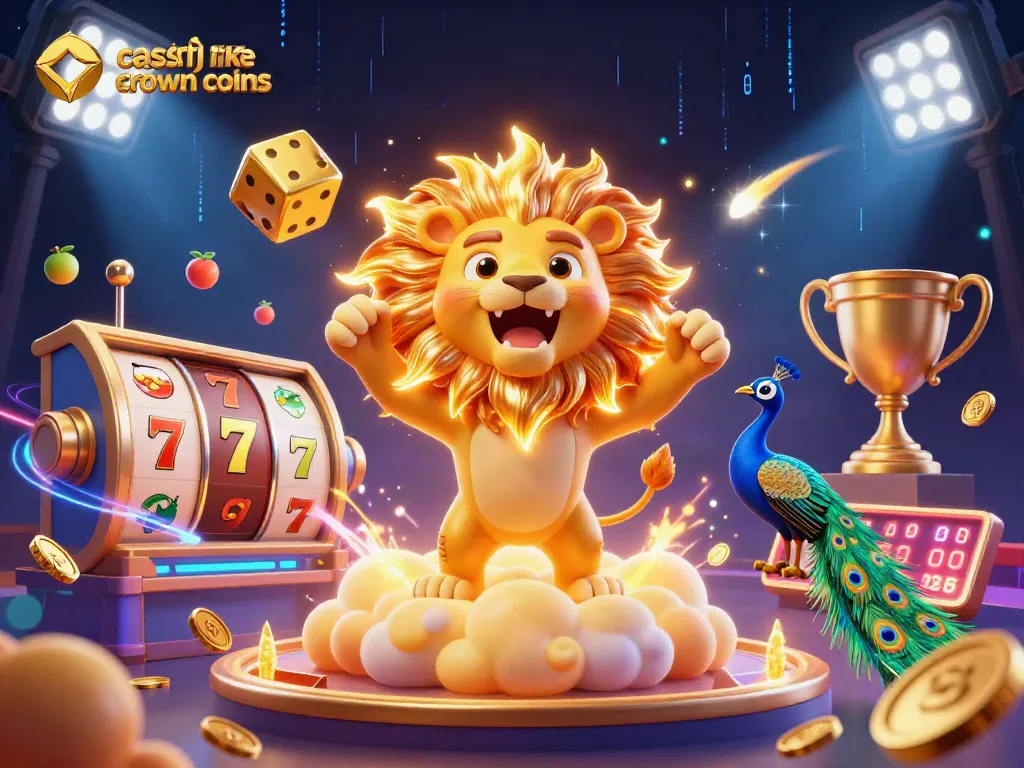 Play exciting games at casino like crown coins with a vibrant 3D illustration of roaring lion and spinning slot reels.