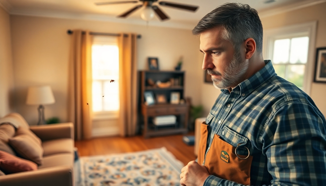 Bed bug exterminator examining a residential room for bed bug infestations
