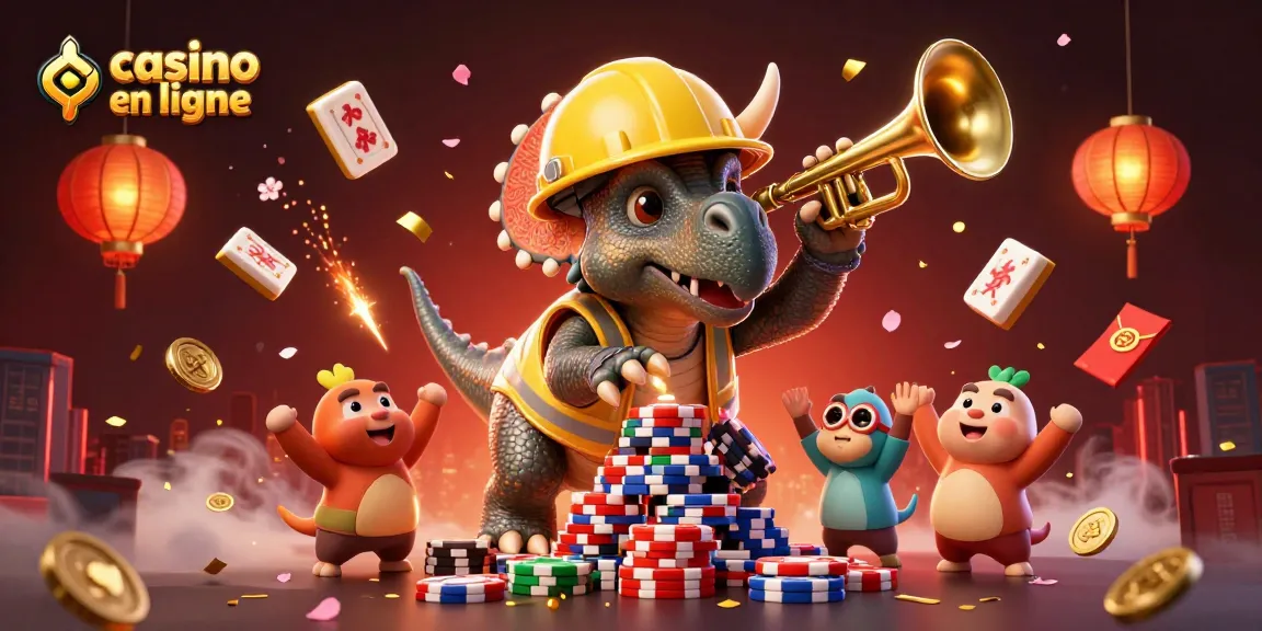 Casino en ligne : Tricératops et Parasaurolophus construisent un empire de jetons dans une scène festive