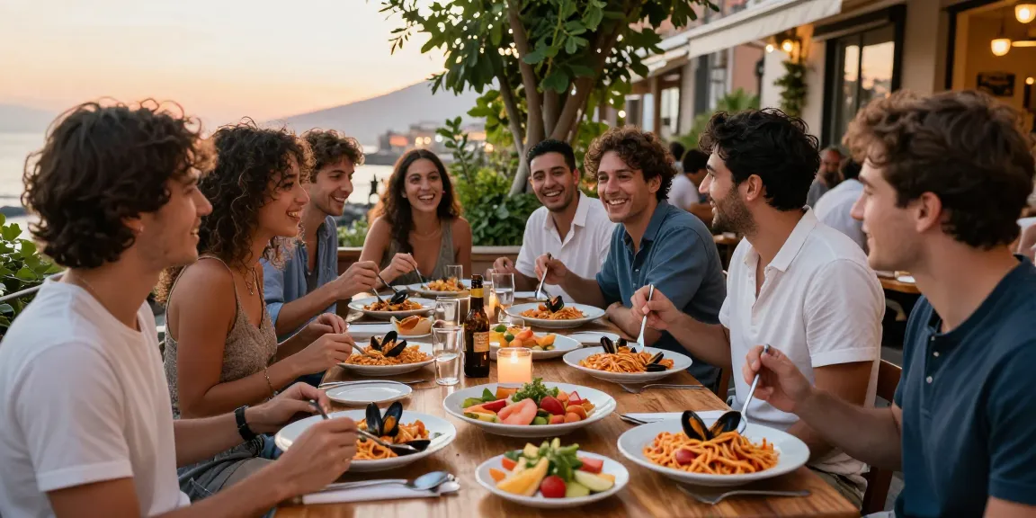 Friends enjoying seafood pasta at a rustic restaurant in Naples, lavowin flavors in vibrant dishes.