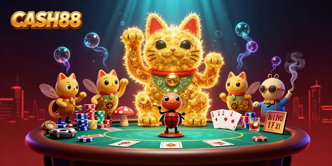 CASH88 engages players with a vibrant scene of golden fireflies and a lucky cat in a dynamic casino setting.