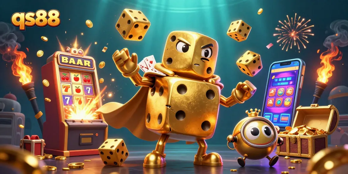 qs88's golden dice golem rolls in a vibrant casino explosion of coins and games.
