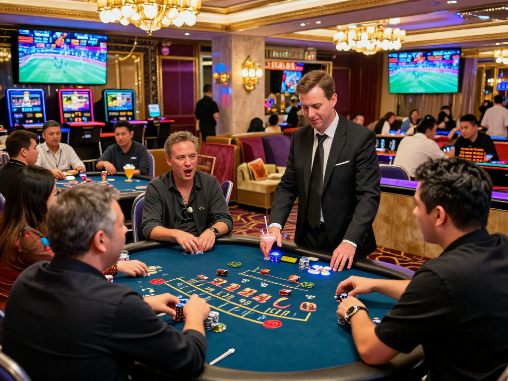 sòng bạc Jin88 với không gian lộng lẫy, người chơi vui vẻ và dealer chuyên nghiệp tại bàn Baccarat