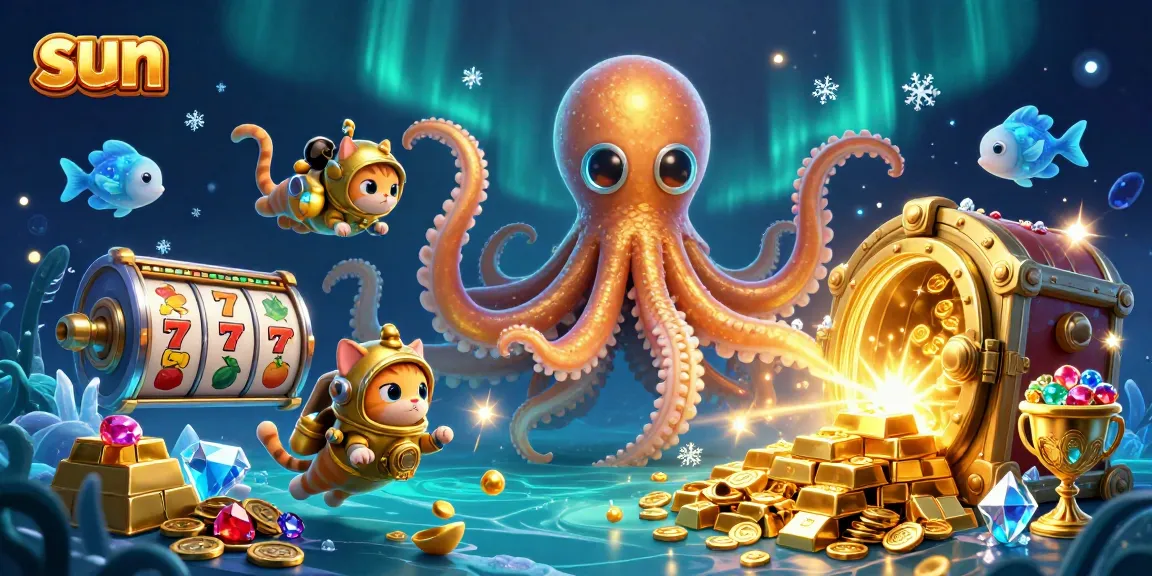 Experience the thrill of gambling at sun with a vibrant 3D scene featuring kraken and diving cat.