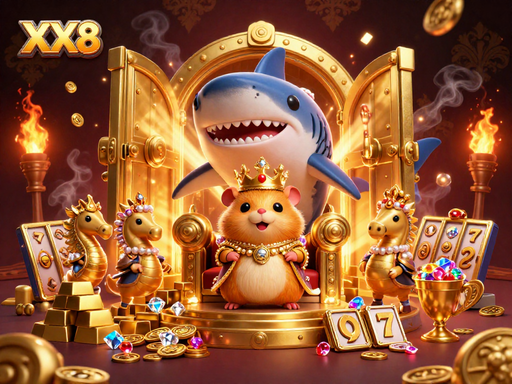 King XX8 presides over treasure in a vibrant casino scene with slot imagery.