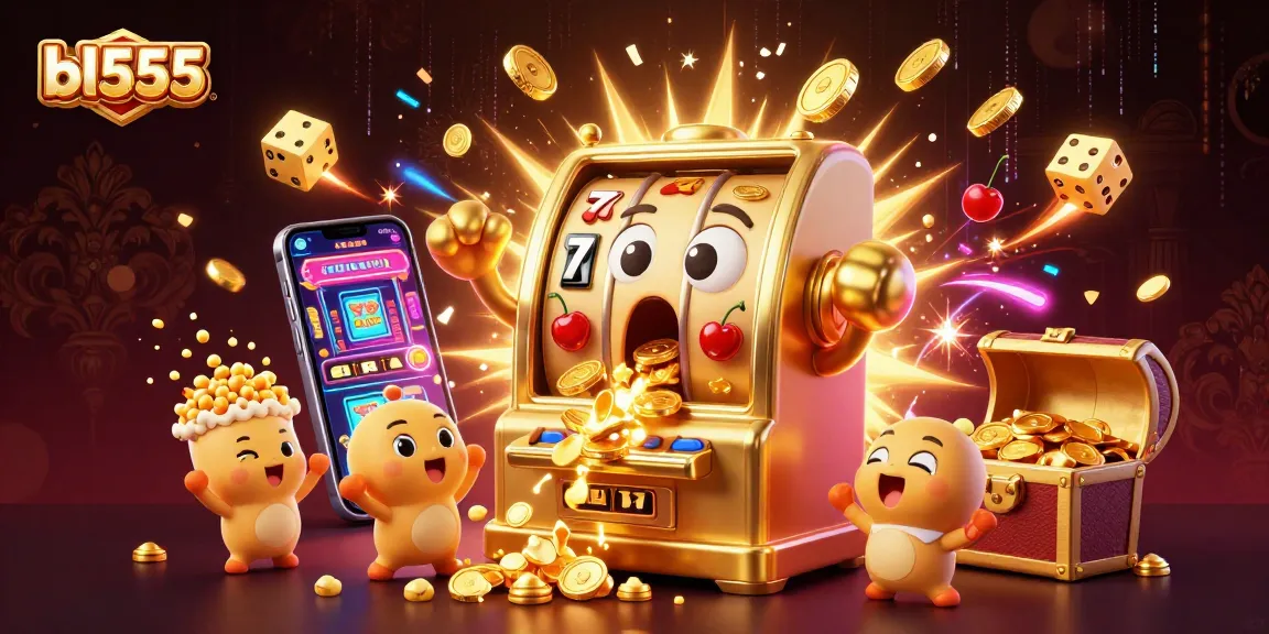 Win big with bl555 as golden slot machines celebrate jackpot wins amidst coins and fireworks.
