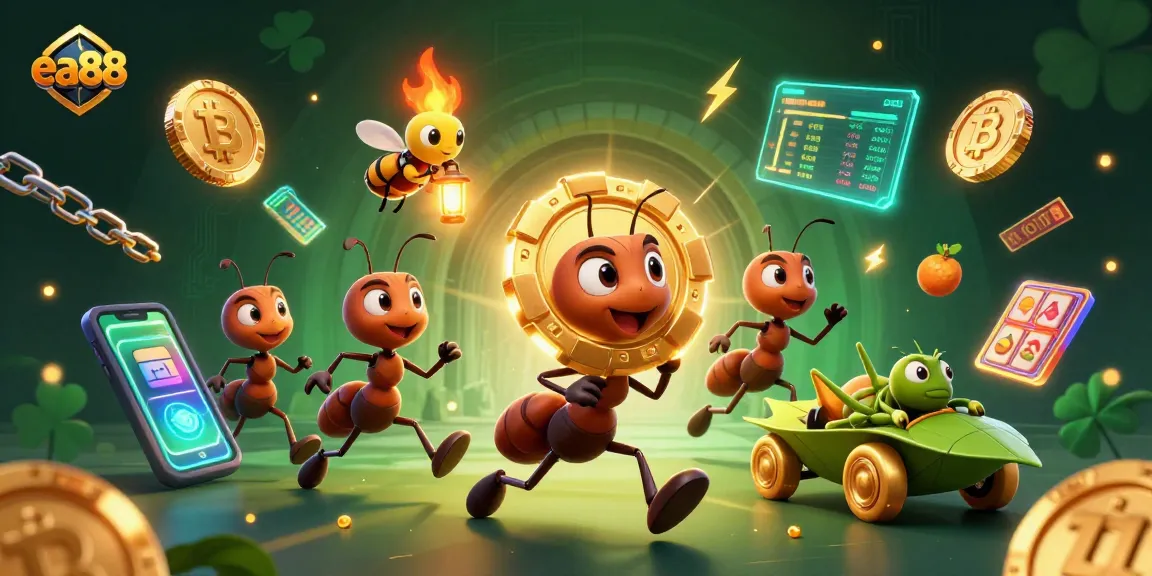 ea88 ants orchestrating a heist with a giant poker chip in a vibrant casino-themed tunnel